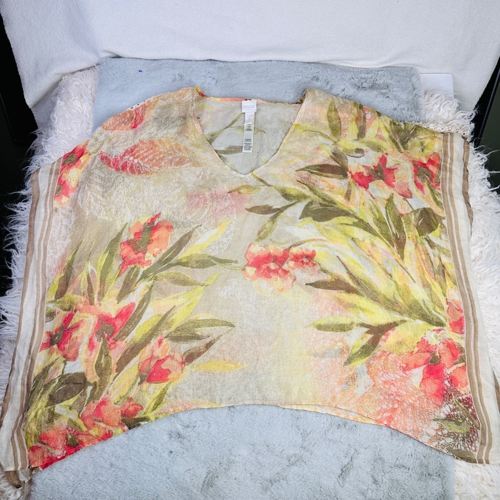 Chicos Blouse Womens Small Batwing Top Floral Crochet Trim‎ Lightweight